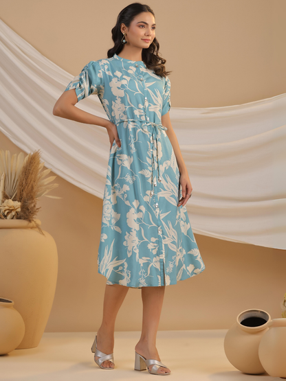 Light Blue Floral Print Midi Dress with Ruched Sleeves