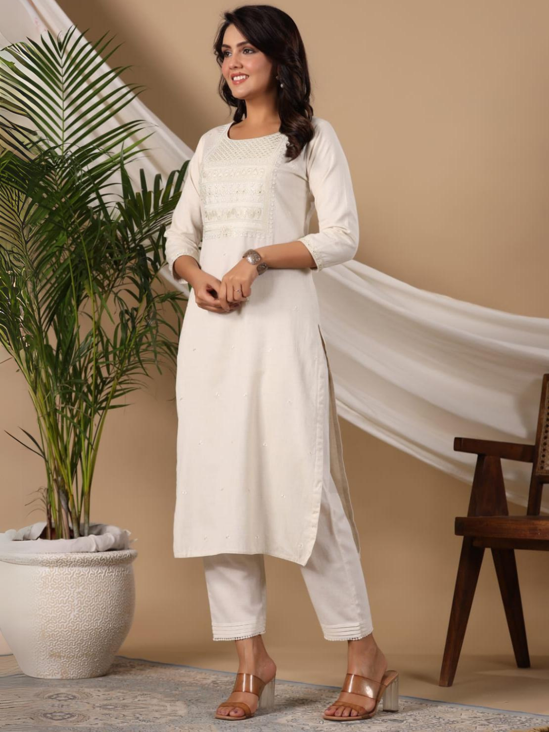 Off White Kurti With Embroidered Yoke