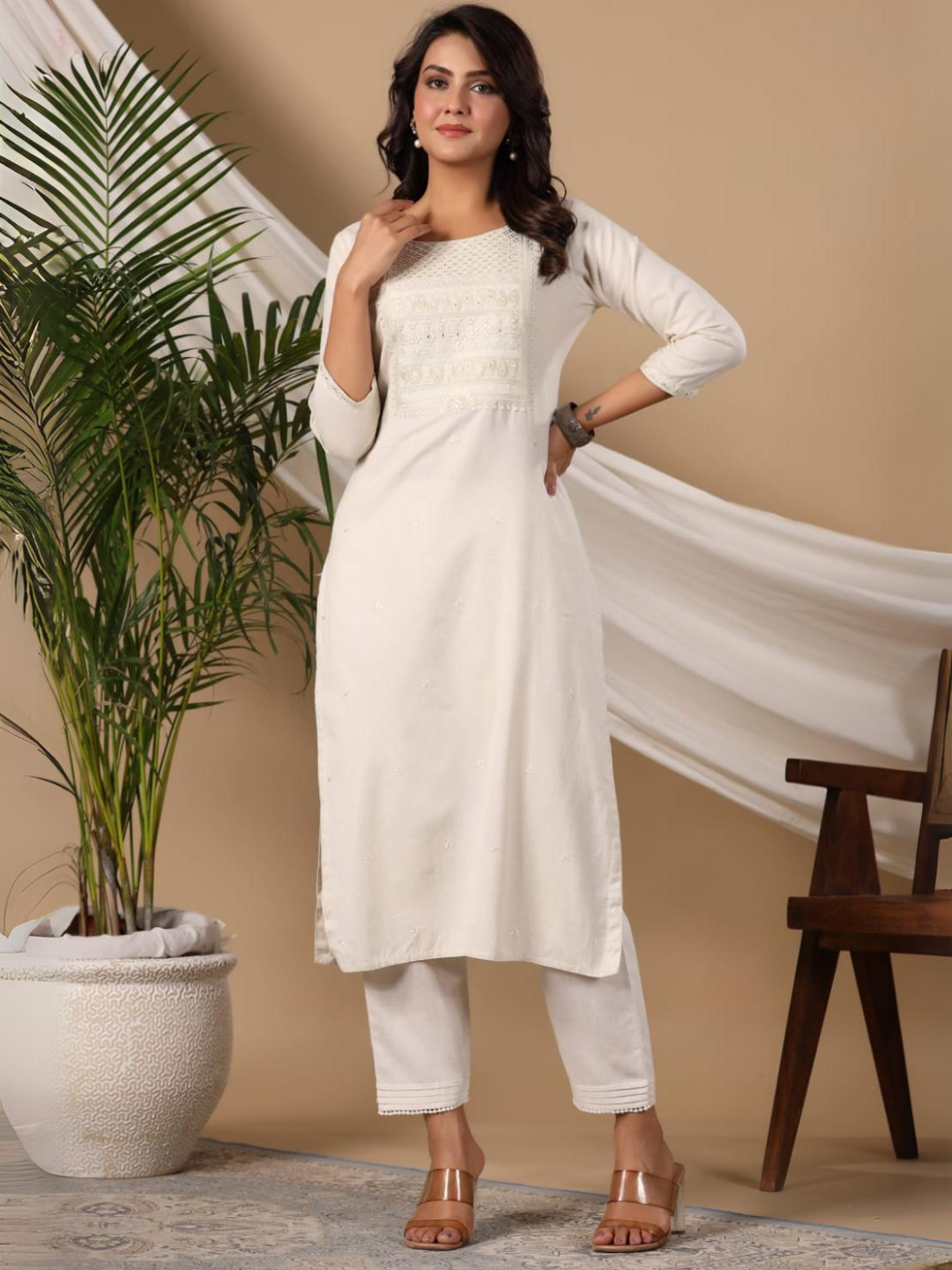 Off White Kurti With Embroidered Yoke