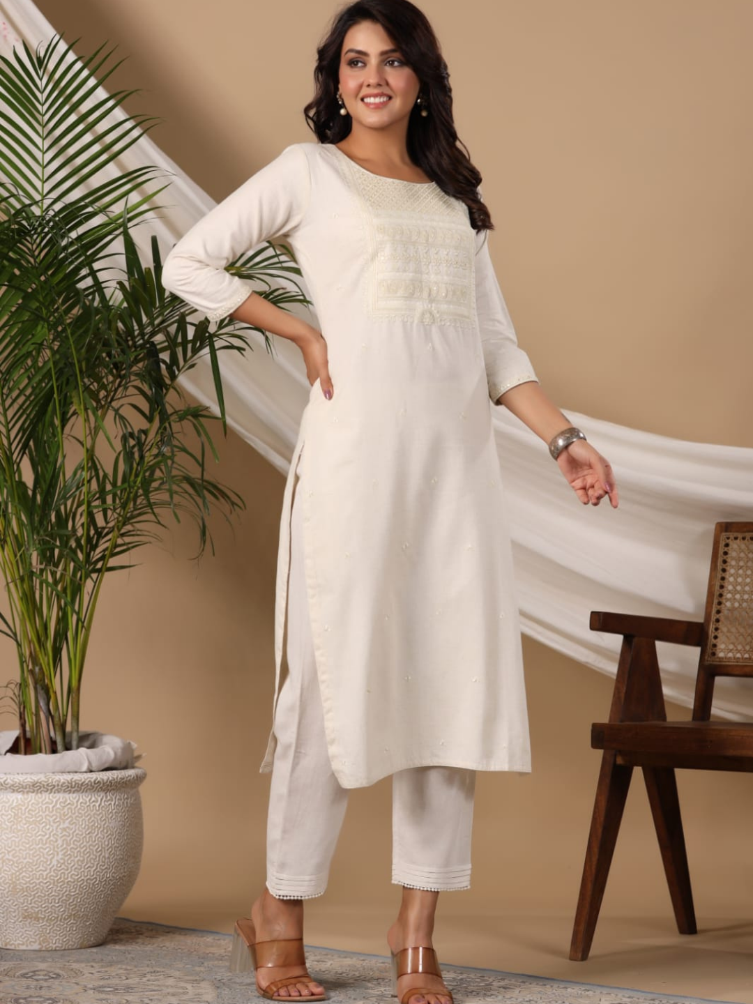 Off White Kurti With Embroidered Yoke