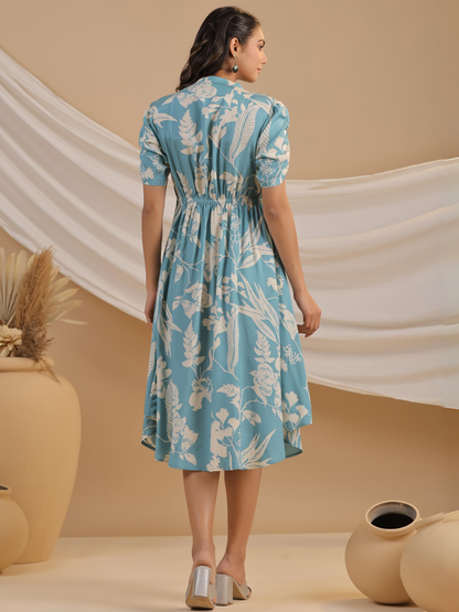 Light Blue Floral Print Midi Dress with Ruched Sleeves