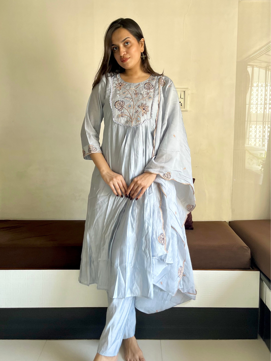 Powder Blue Mul Cotton Dupatta Set