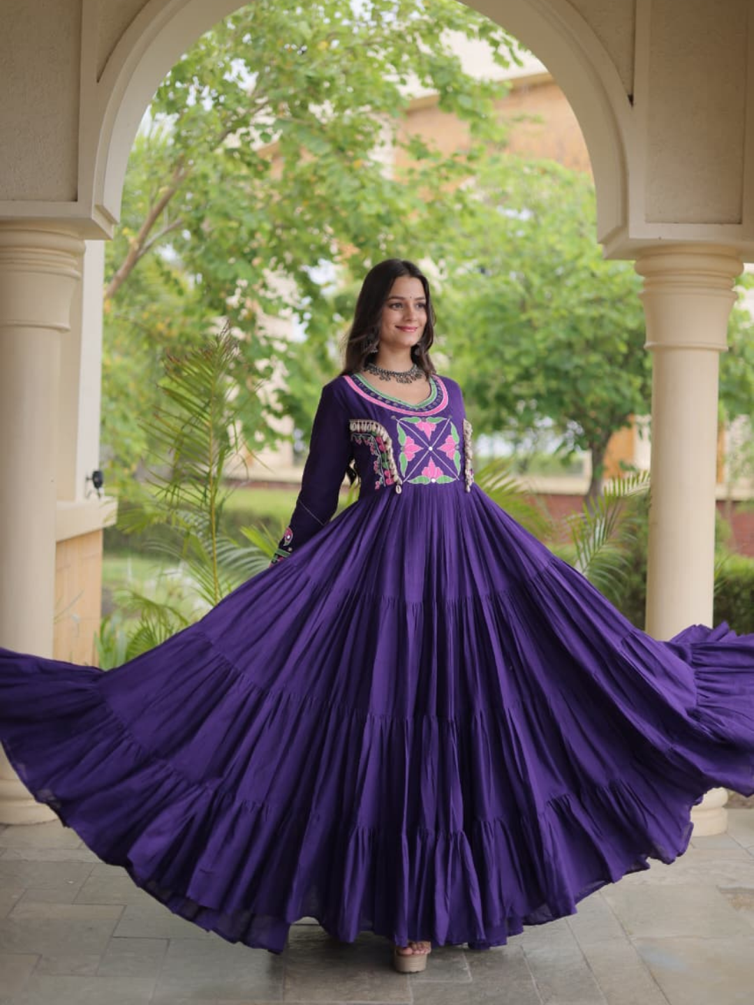Festive Kora Cotton Layered Navratri Gown