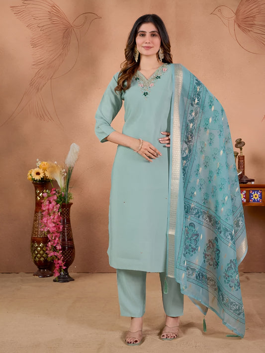 Serene Mint Roman Silk Embroidered Dupatta Set