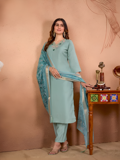 Serene Mint Roman Silk Embroidered Dupatta Set
